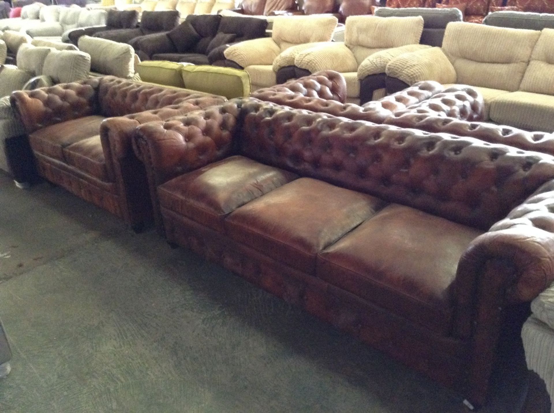 BROWN LEATHER CHESTERFIELD 3 SEATER SOFA AND 2 SEA