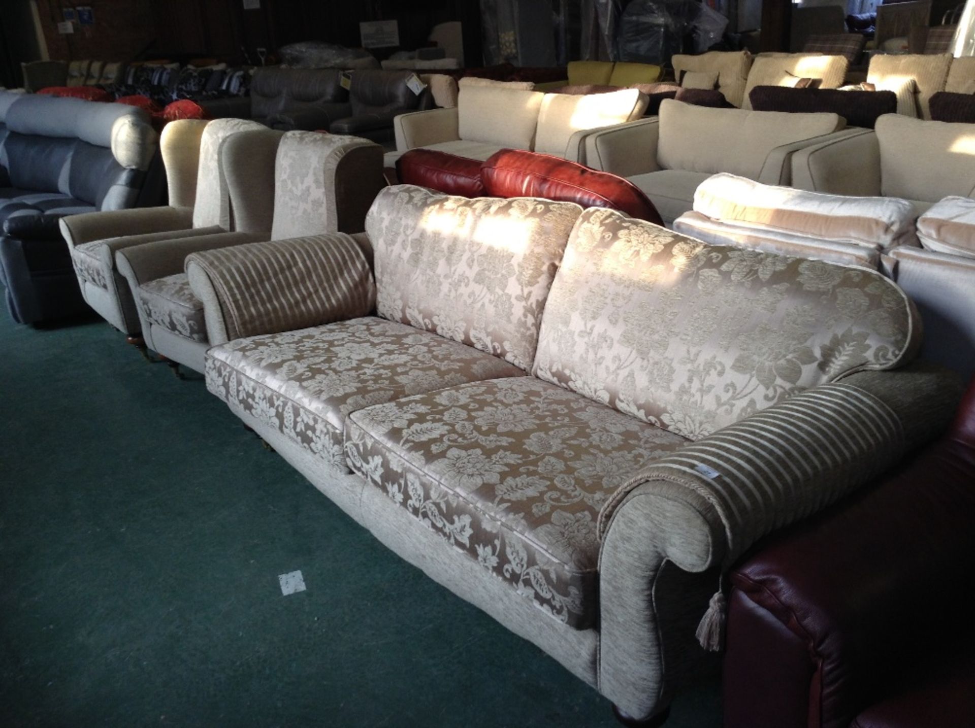 GOLDEN FLORAL PATTERNED 3 SEATER SOFA AND 2 x WING