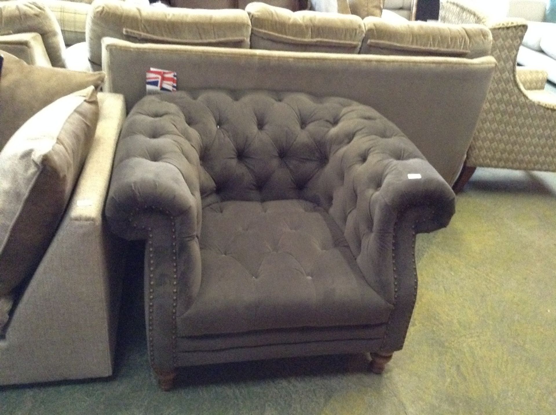 GREY BUTTON BACK CHAIR (missing button cover)