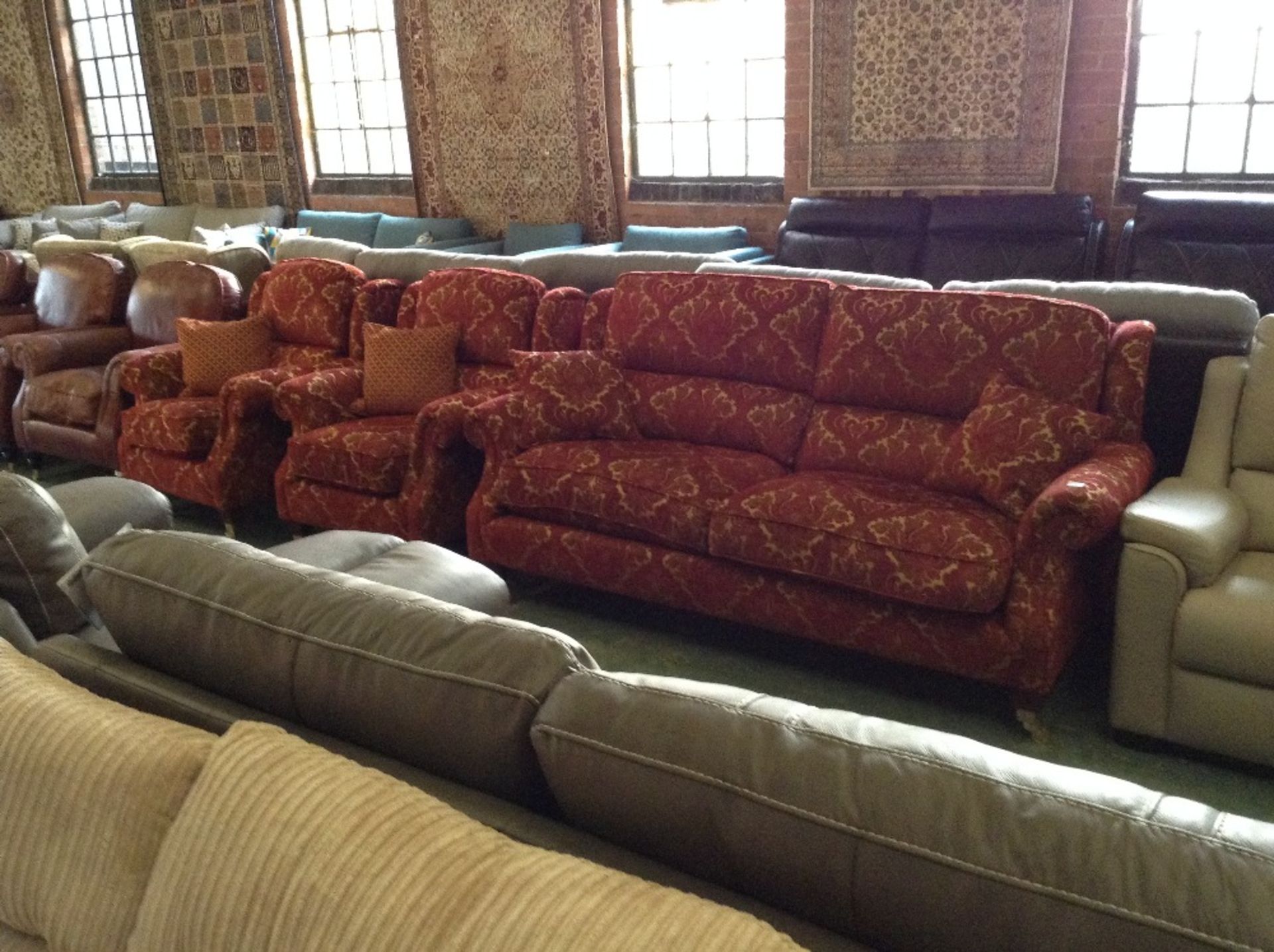 RED AND GOLD FLORAL PATTERNED 3 SEATER SOFA AND 2