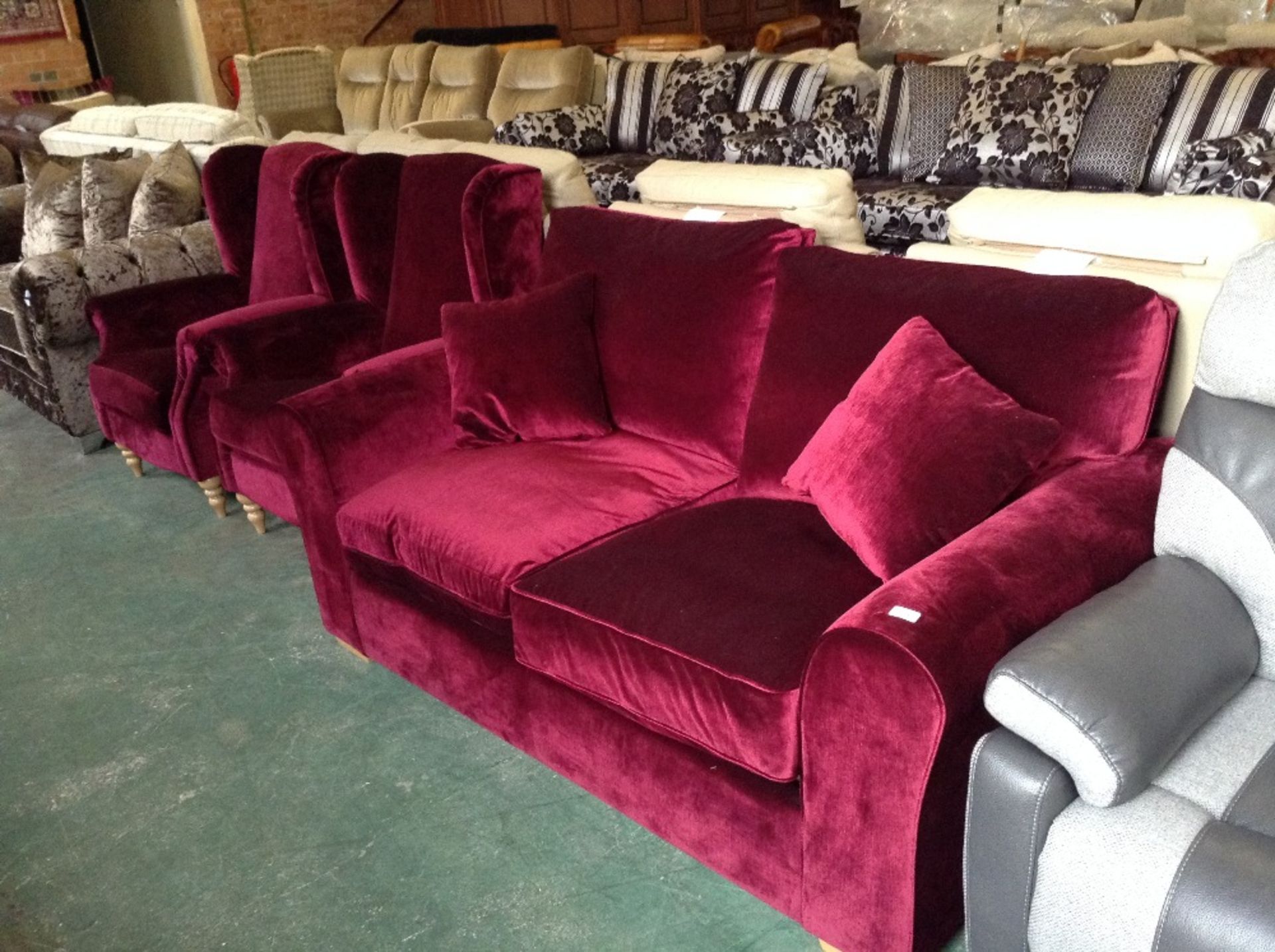 RED FABRIC METAL ACTION BED SETTEE AND 2 x WING CH