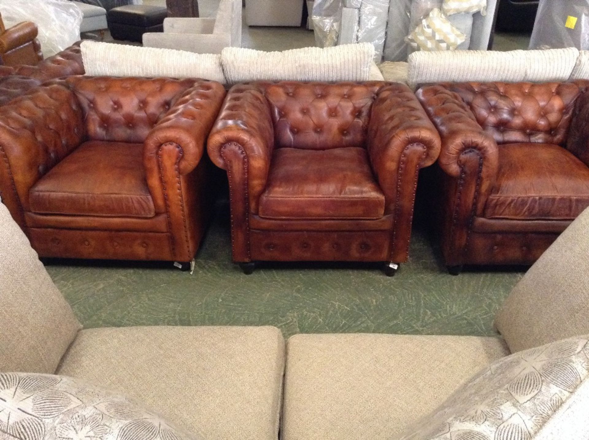 BROWN LEATHER CHESTERFIELD STYLE CHAIR