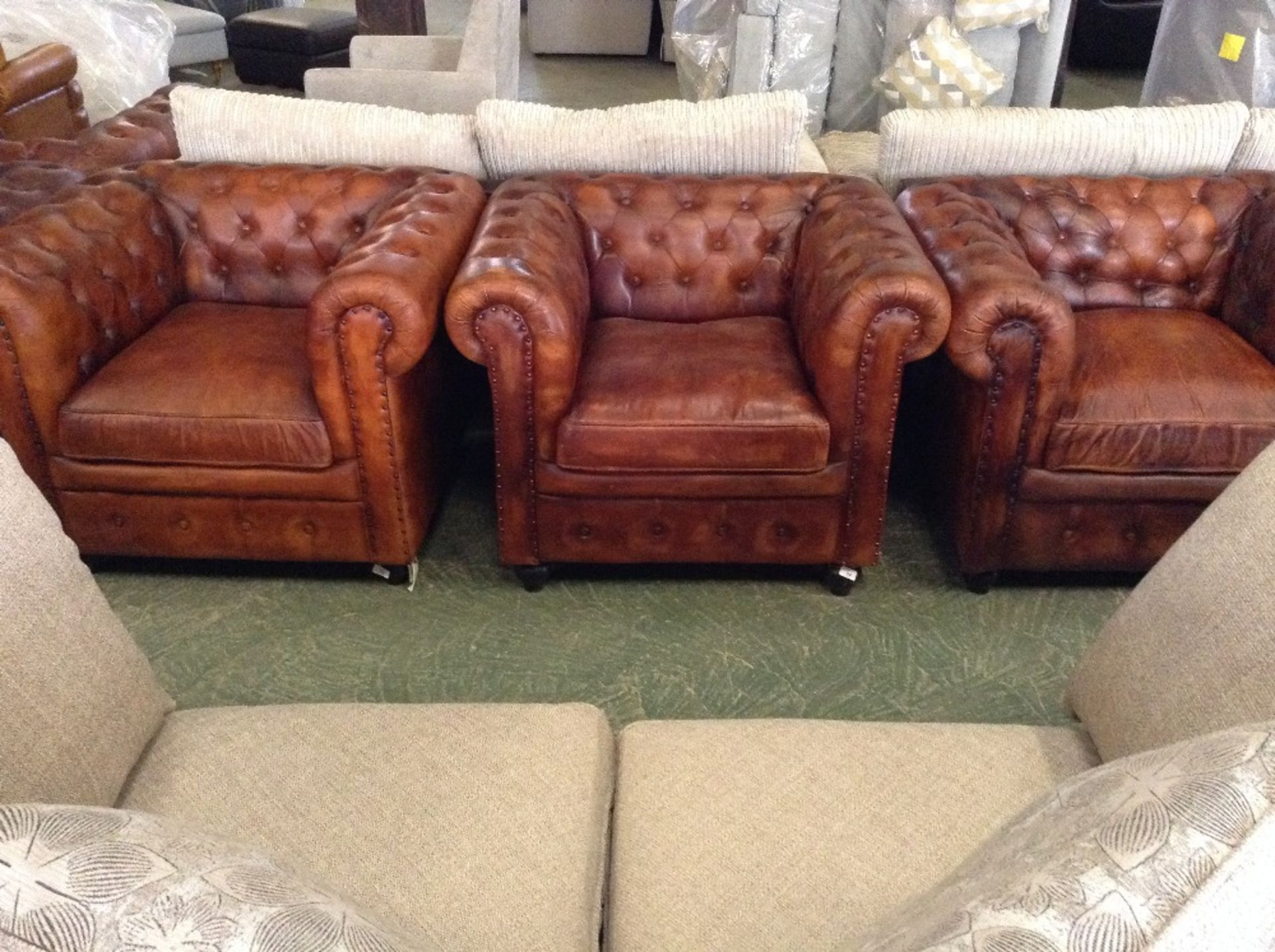 BROWN LEATHER CHESTERFIELD STYLE CHAIR