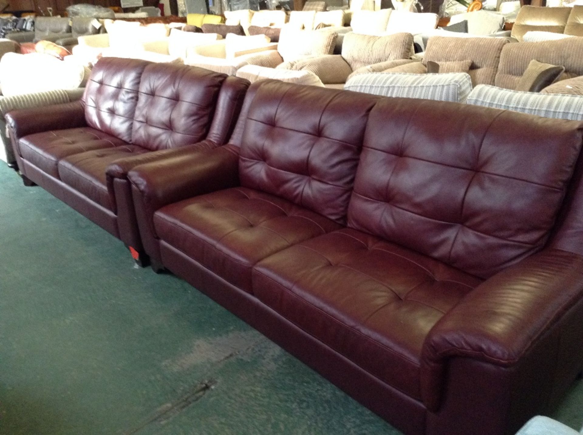 2 x BURGUNDY LEATHER 3 SEATER SOFAS (marked)