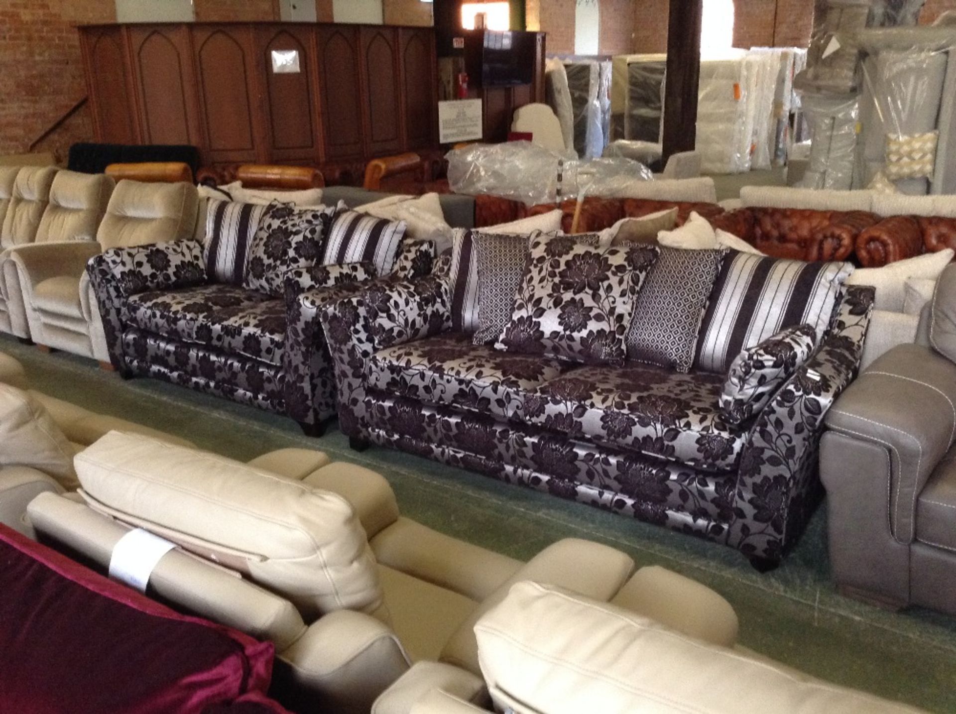 PURPLE AND SILVER FLORAL PATTERNED 3 SEATER SOFA A