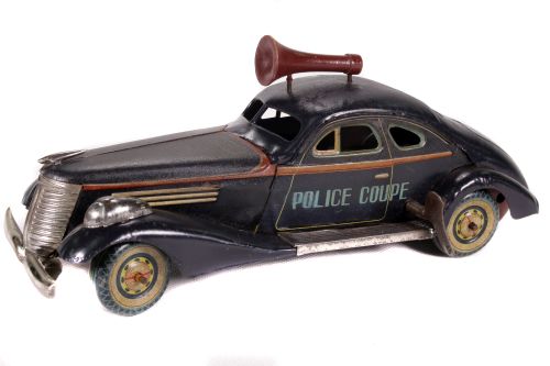 Tin Plate Police Coupe - Japanese - Clockwork - 1940s - has working siren - some wear & marks - L