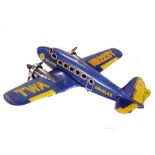 Tin Plate Toy Plane - 'TWA Douglas' - Japanese 1950s Clockwork with twin Props - Some minor wear &