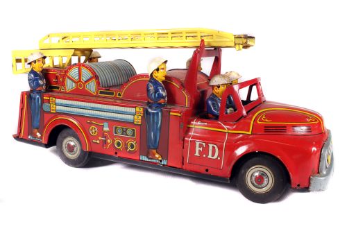 Tin Plate Fire Engine - Japanese - Friction Driven - 1960s - some wear & marks - L 44cm W 12cm - Image 2 of 2