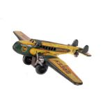 Tin Plate Toy Plane - 'Green Shell' - Japanese Twin Prop - Clockwork 1930s - Some wear & minor marks