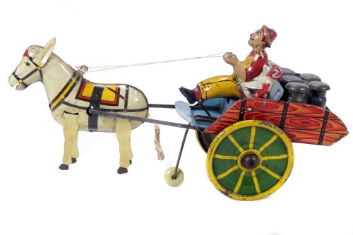 Tin Plate Toy - 'Lois Marx' (USA) - 'Hee Haw' horse cart & driver - Circa. 1940s - some wear & marks