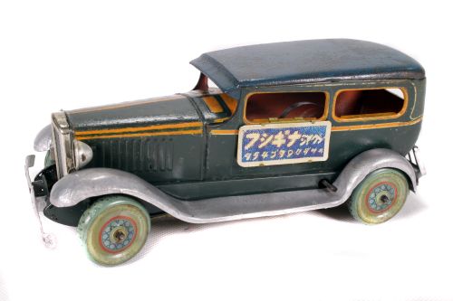 Tin Plate Car - Japanese - 1930s Clockwork Taxi Car - some wear marks & touch ups - L 25cm W 11cm