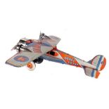 Tin Plate Toy Plane - Japanese - 1950s Clockwork 'Air Mail' Plane with 3 Props - Some minor wear &