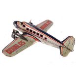 Tin Plate Toy Plane - 'TWA-Douglas' - 1950s Japanese Clockwork with Twin Props - Some wear & minor