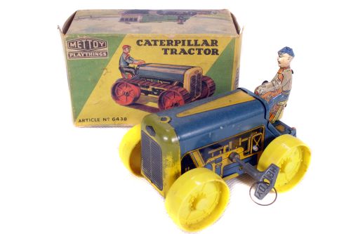 Tin Plate Toy Tractor - 'Mettoy UK' - Clockwork 'Caterpillar' Tractor with Original Box & Key -