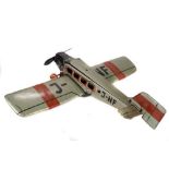 Tin Plate Toy Plane - German 1930s Clockwork with Single Prop - Some wear & minor marks - L 38cm W