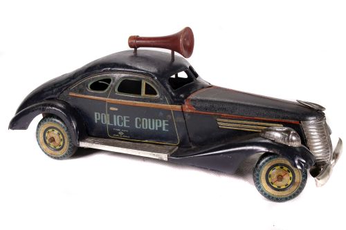 Tin Plate Police Coupe - Japanese - Clockwork - 1940s - has working siren - some wear & marks - L - Image 2 of 2