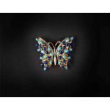 14k Yellow Gold, Diamond, Turquoise and Lapis Lazuli Butterfly Brooch Total of 33 single cut
