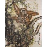 Wen Wenguang (b. 1948) Apes Hanging Scroll, Ink and Color on Paper 翁文光 群猴 立轴 纸本 151. x 83.4cm