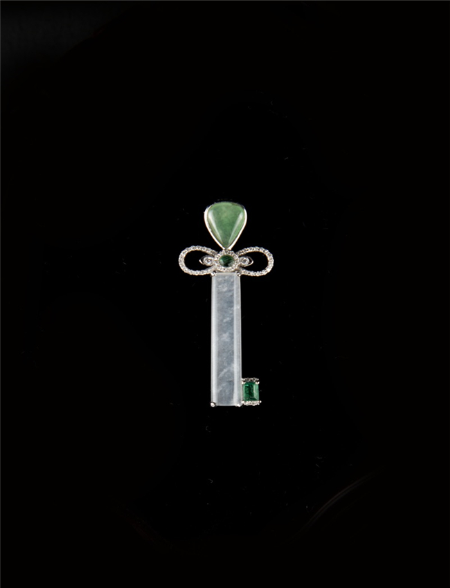 Jadeite (Icy Variety) & Emerald Key Pendant, 18k Gold and Diamond Set (NGI Certified)