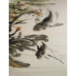 Wen Wenguang (b. 1948) Fish Hanging Scroll, Ink and Color on Paper 翁文光 鱼乐图 立轴 纸本 80.8 x 28.6cm