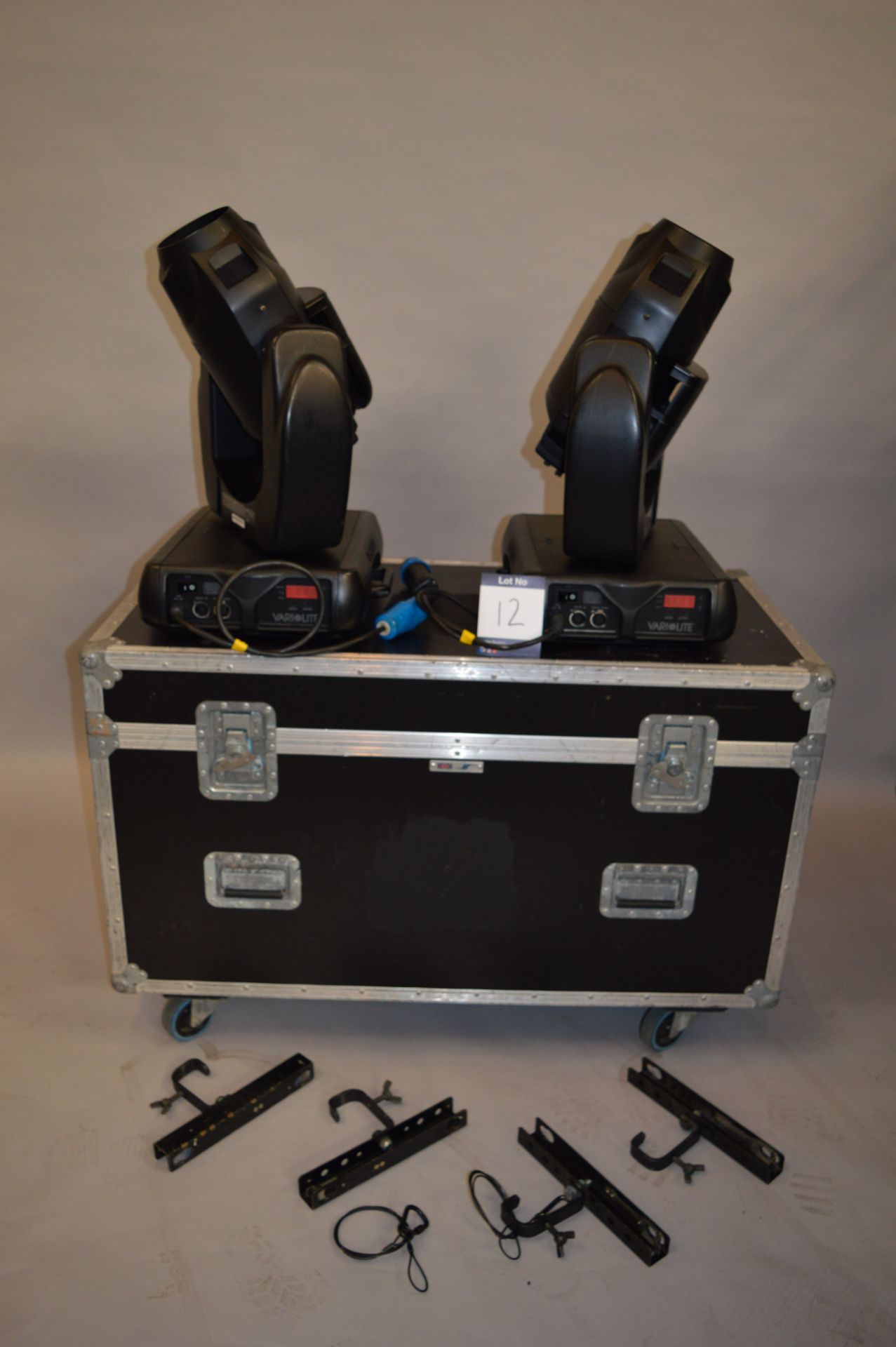 Two Varilite, VL2000 Wash Moving Head Lights with Flightcase and associated Brackets, as lotted