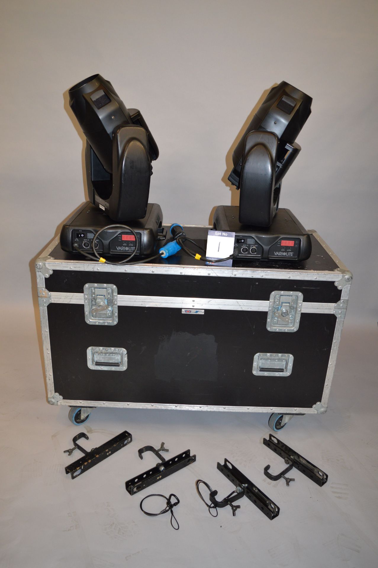 Two Varilite, VL2000 Wash Moving Head Lights with Flightcase and associated Brackets, as lotted