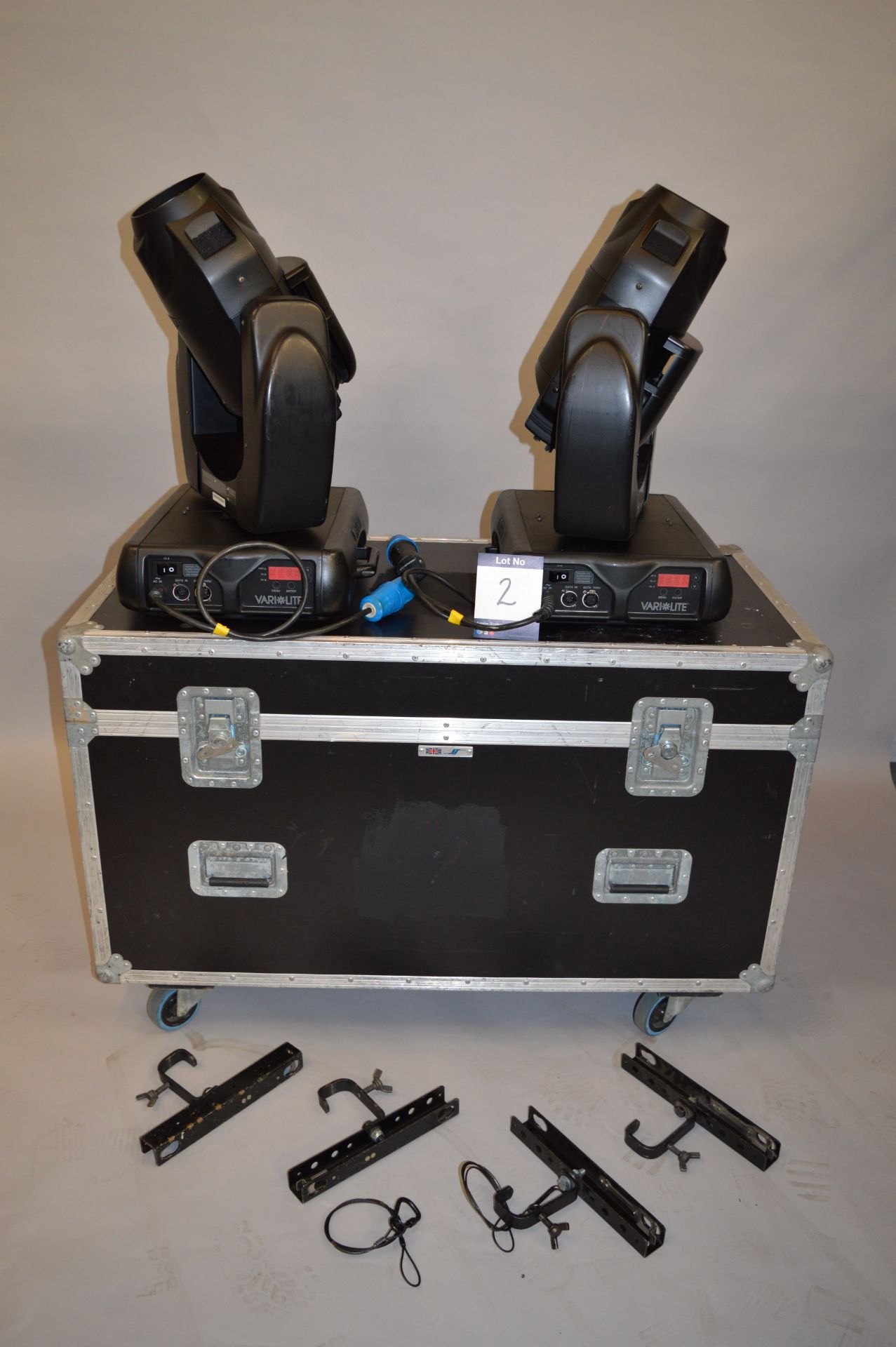 Two Varilite, VL2000 Wash Moving Head Lights with Flightcase and associated Brackets, as lotted