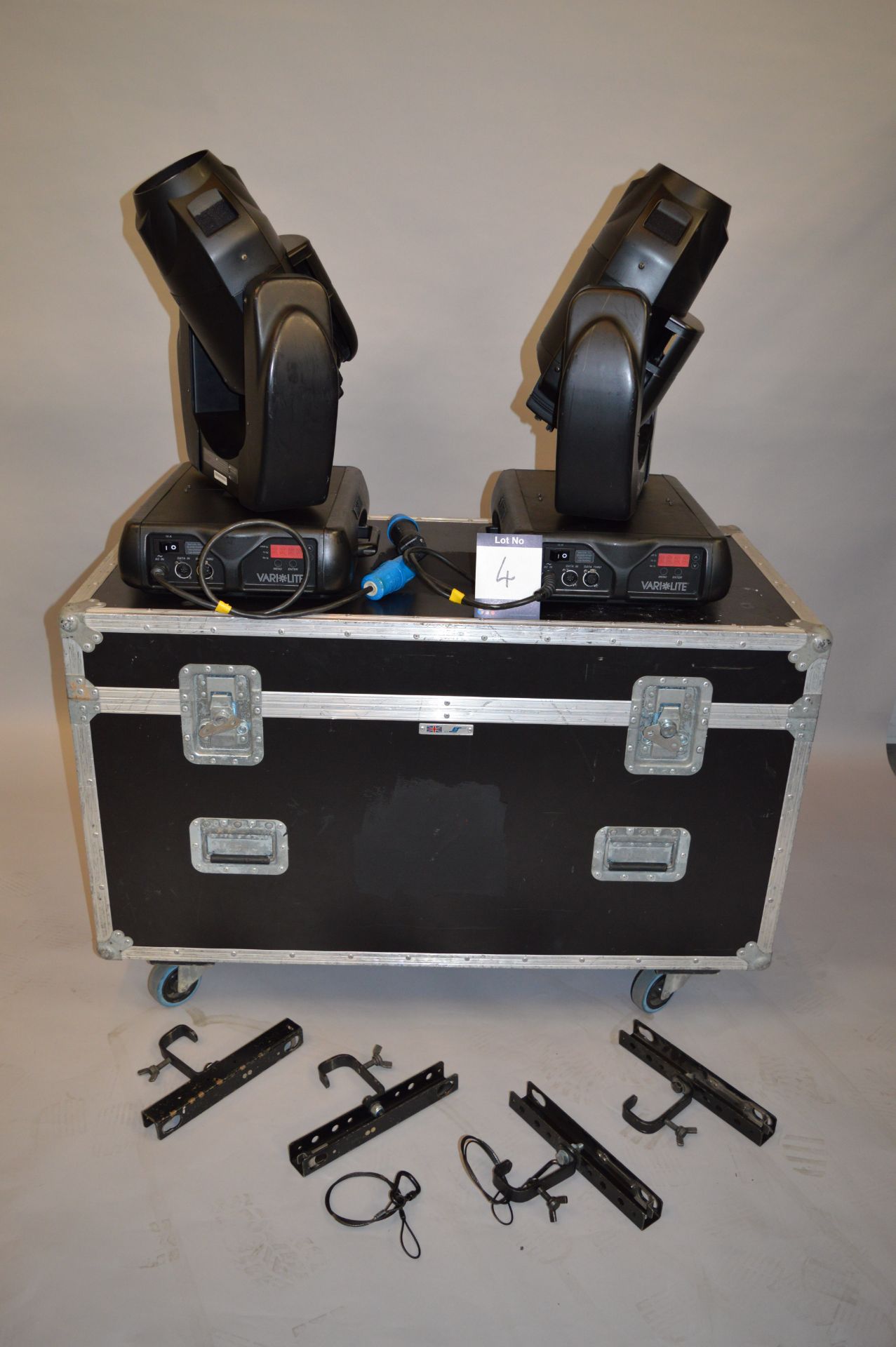 Two Varilite, VL2000 Wash Moving Head Lights with Flightcase and associated Brackets, as lotted