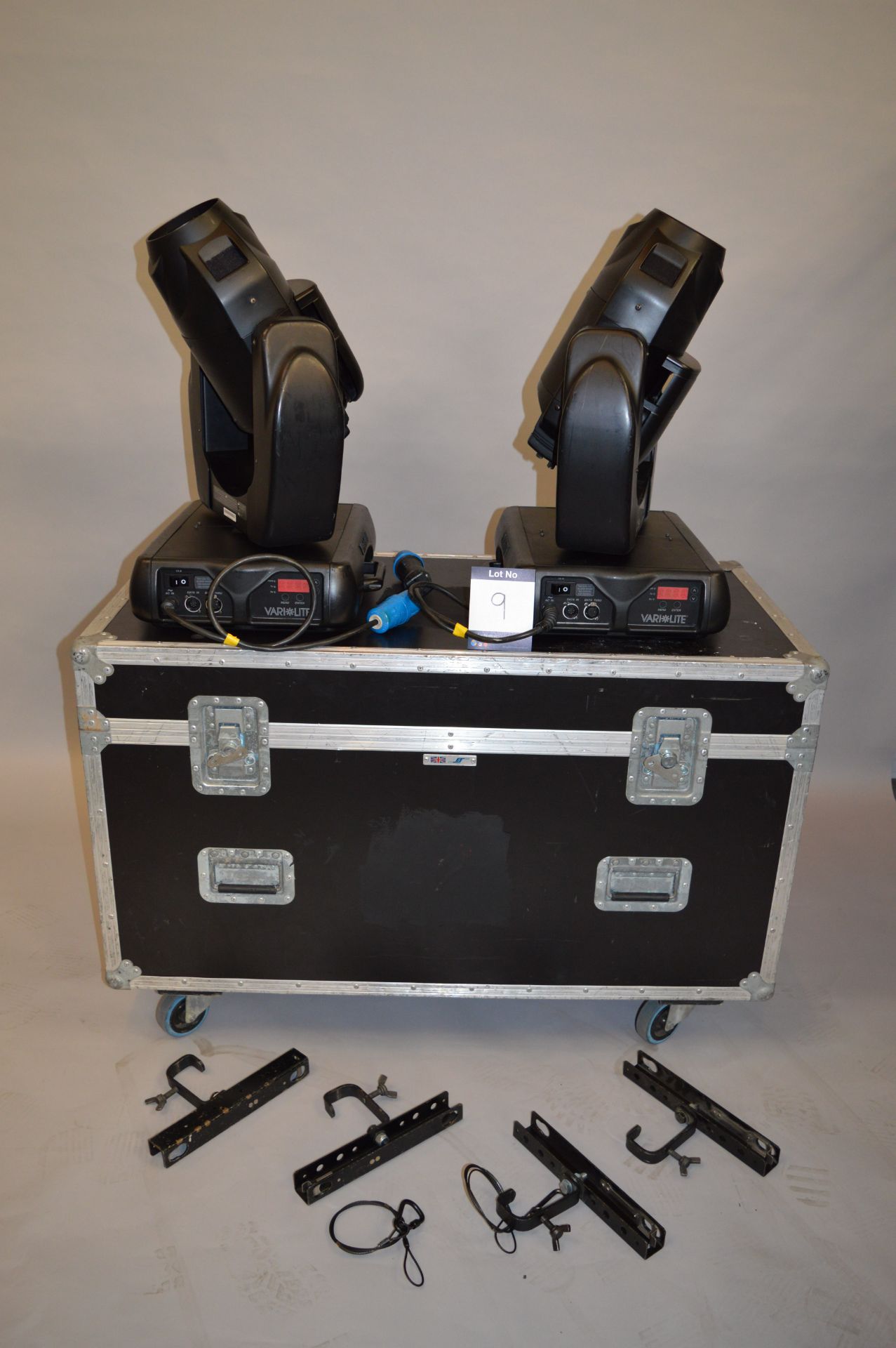 Two Varilite, VL2000 Wash Moving Head Lights with Flightcase and associated Brackets, as lotted