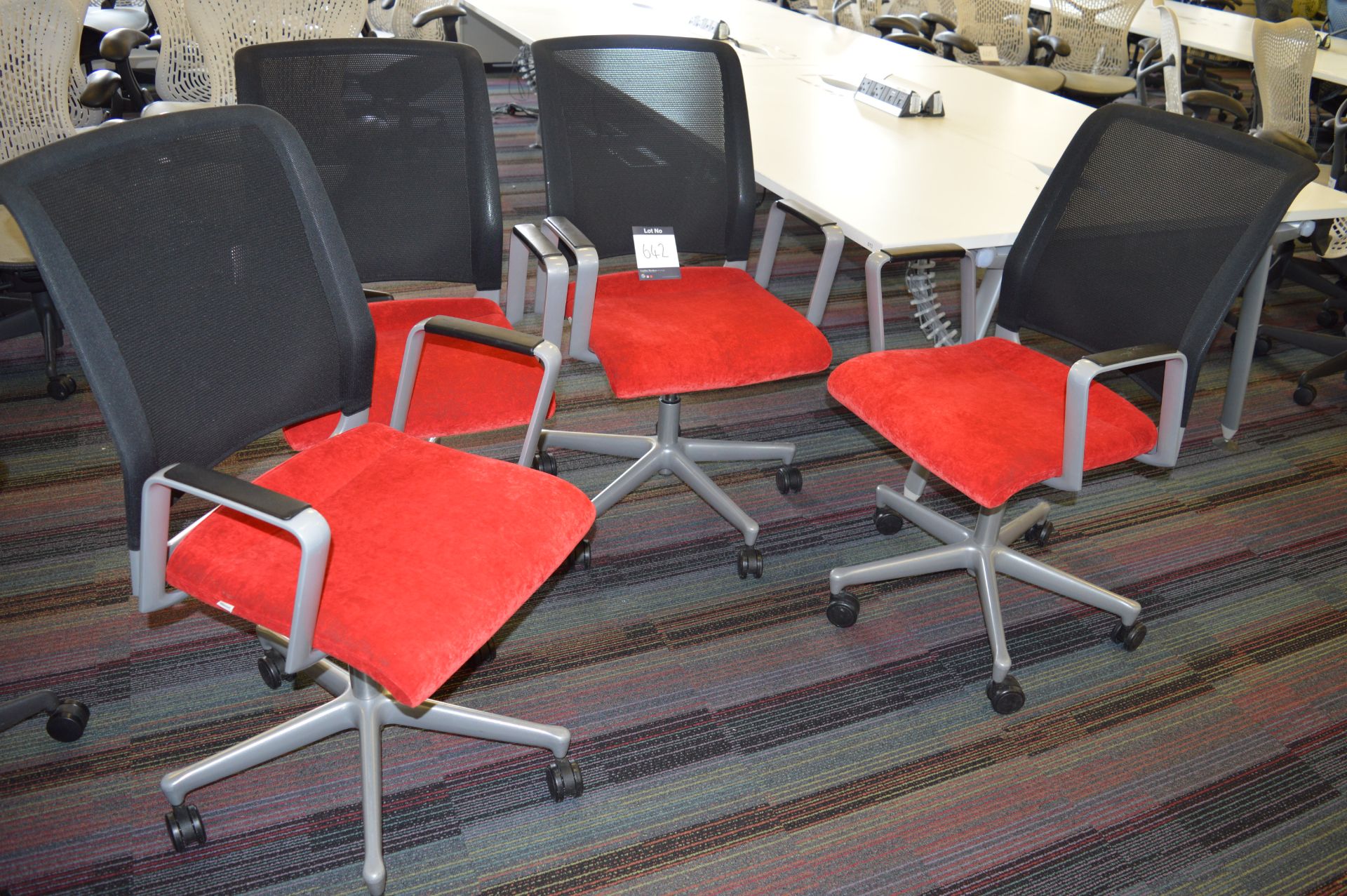 4 x Interstuhl, red upholstered seat, swivel elbow chairs with black back support