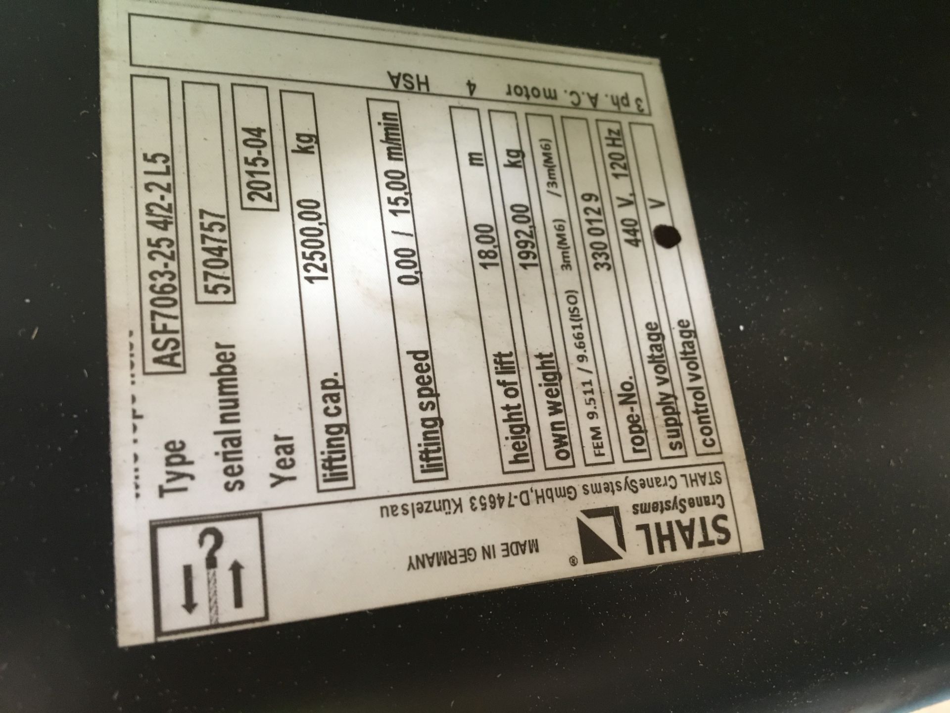 Stahl GmbH type ASF7063-25 4/2-2 L5 wire rope electric hoist, Serial No. 5704757 (Year 2015) - Image 4 of 5