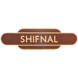 Railway Station Totem Signs, Shifnal: A BR(W) totem sign, SHIFNAL, (h/f), brown flange, from the