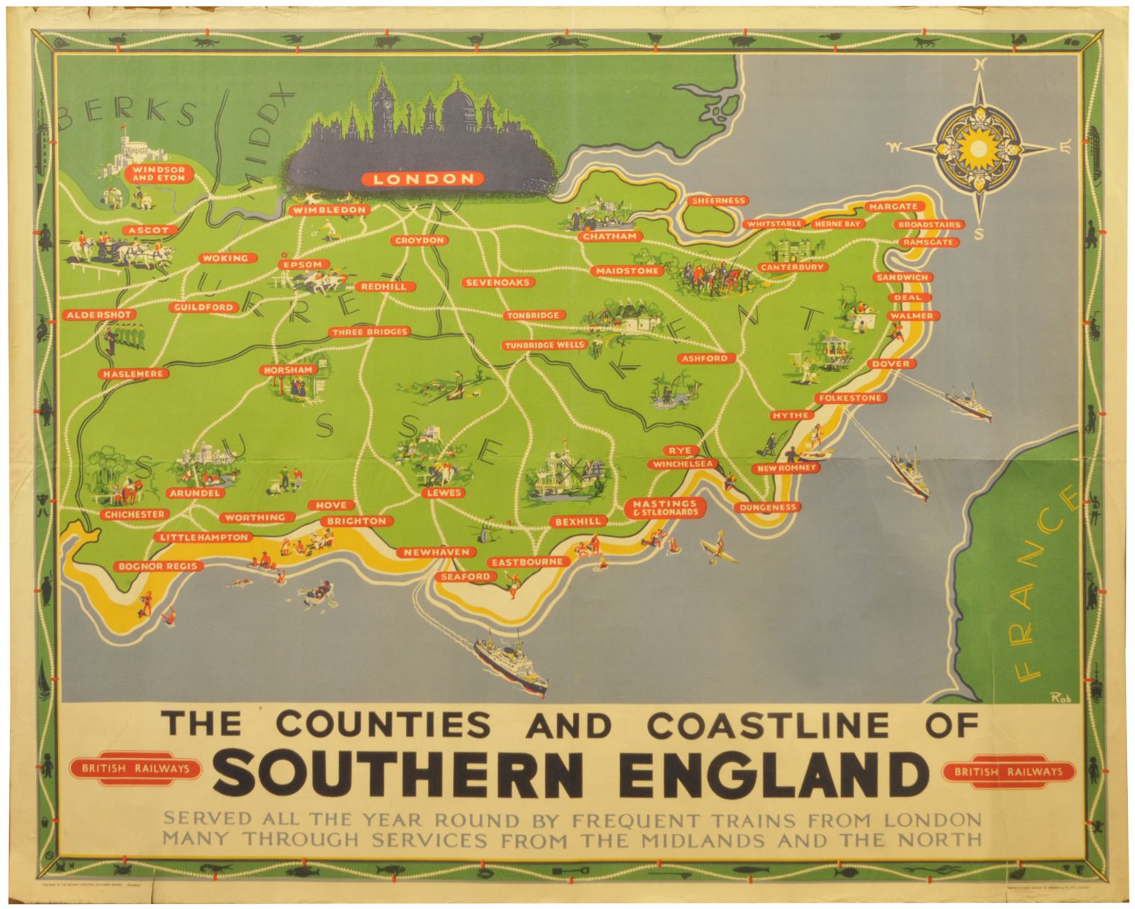 Railway Posters, Southern England, Rob: A BR(S) quad royal poster, The Counties and Coastline of