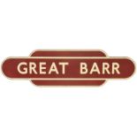 Railway Station Totem Signs, Great Barr: A BR(M) totem sign, GREAT BARR, (f/f) from the Aston to