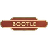 Railway Station Totem Signs, Bootle: A BR(M) totem sign, BOOTLE, (f/f), from the Ravenglass to