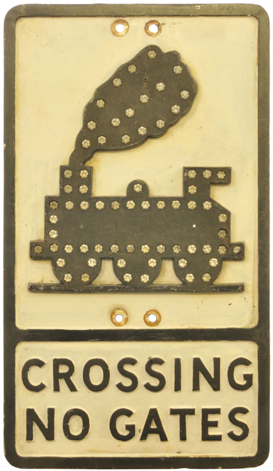 Railway Street Furniture and Fittings, Crossing, No Gates + Triangle: A road sign, CROSSING NO