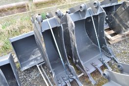 3 digger buckets to suit JCB 3CX comprising of 12 inch, 24 inch & 5 ft ditching bucket New & unused