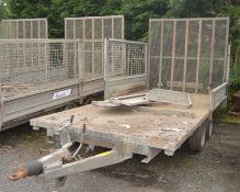 Indespension 14 ft x 6 ft 7in tandem axle plant trailer. #missing front mesh side and 3 mesh