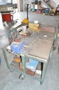 Mobile work bench c/w engineers vice & contents