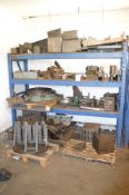 Steel rack & contents of angle plates, rotary tables etc as lotted