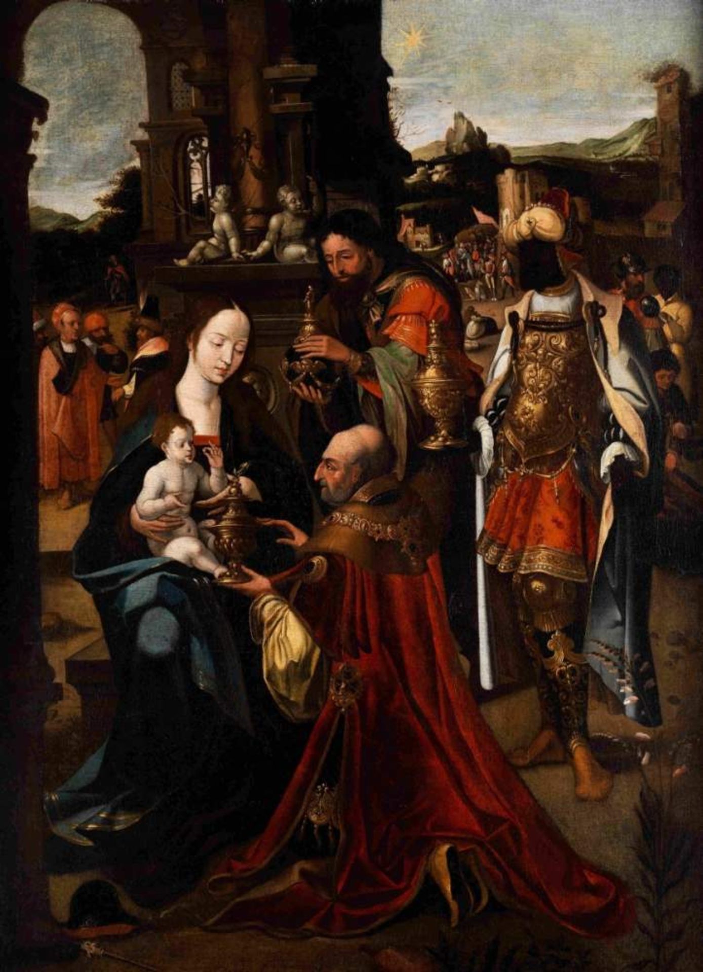 Flemish school, 15th centuryALTARPIECE DEPICTING THE ADORATION OF THE MAGI Oil on canvas. 123 x 89