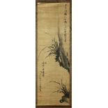 Chinesisches Rollbild 139 x 42 cm. China, Qing-Dynastie, Mitte 19. Jahrhundert. Malerei auf