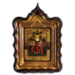 Ikone Temperamalerei auf Kreidegrund, auf Goldgrund, auf Holz. Ikone: 21,5 x 17,5 cm. Rahmen: 42 x
