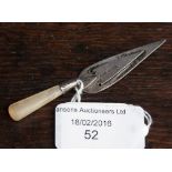 A miniature silver trowel book mark with mother of pearl handle, 75 mm long approx,