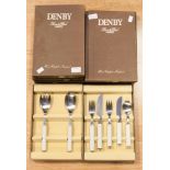 Seven Denby stone and steel box sets of single sitting cutlery