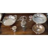 A Walker and Hall raised tazza, a candelabra, a pierced dish,