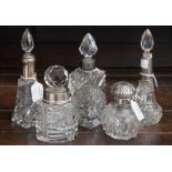 Three scent bottles with silver collars and two with white metal collars (5)