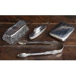 A group of silver to include Victorian sugar tongs, hallmark London 1872, cigarette case,