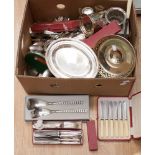 A box of silver plate including flatware, dishes,