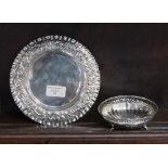 A Victorian shallow silver dish with ornate rim, sponsor's mark Alfred Browetts and Co,